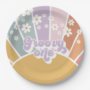 Assiettes En Carton Groovy One Rétro Soleil Arc-en-ciel Marguerite