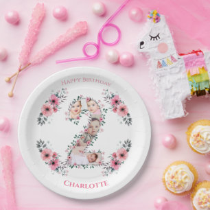 Assiettes En Carton Gros 2e anniversaire fille photo Collage Fleur ros