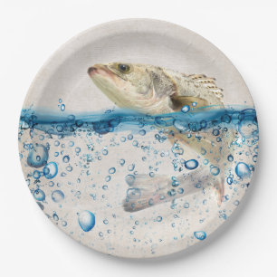 Assiettes En Carton Gros poisson qui saute hors de l'eau bleue