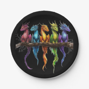 Assiettes En Carton Groupe Arc-en-ciel de bébés dragons sur fond noir
