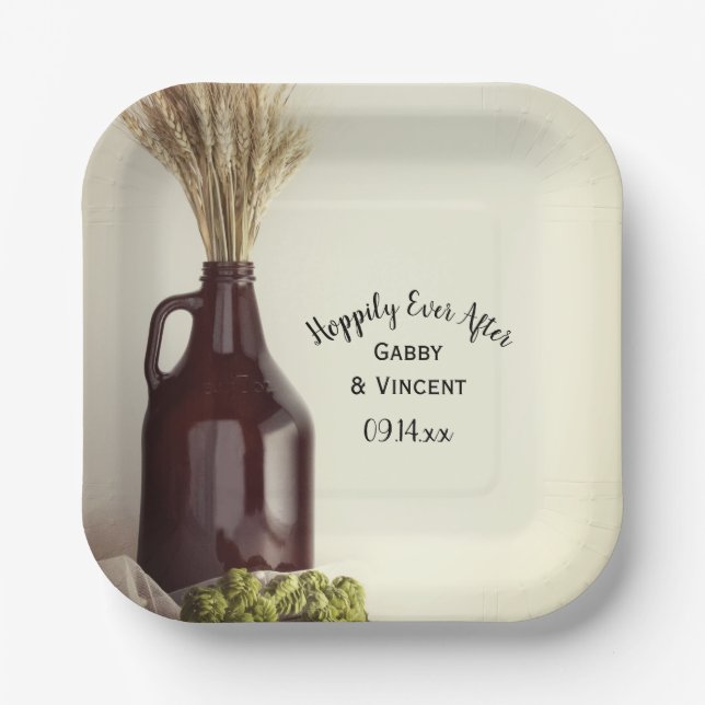 Assiettes En Carton Growler Hops Blé Heureusement Jamais Après Mariage (Recto)