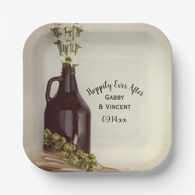 Assiettes En Carton Growler Hops Daisies Hoppily Jamais Après Mariage (Recto)