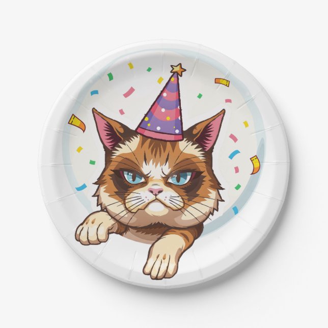 Assiettes En Carton Grumpy Birthday Chat - Casquette de fête & Confett (Devant)