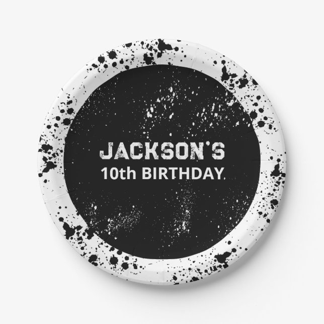 Assiettes En Carton Grunge Paint Splatter Black & White Birthday (Devant)
