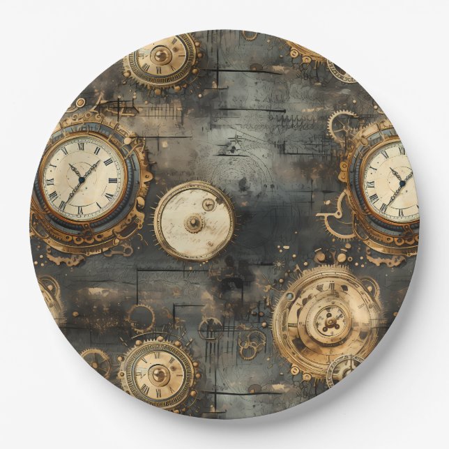 Assiettes En Carton Grunge Rustic Steampunk Horloge (8) (Devant)