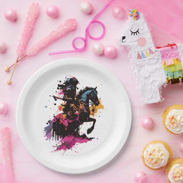 Assiettes En Carton Guerrier équitation cheval en aquarelle (Fête)