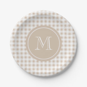 Assiettes En Carton Guingan beige et blanc, votre monogramme