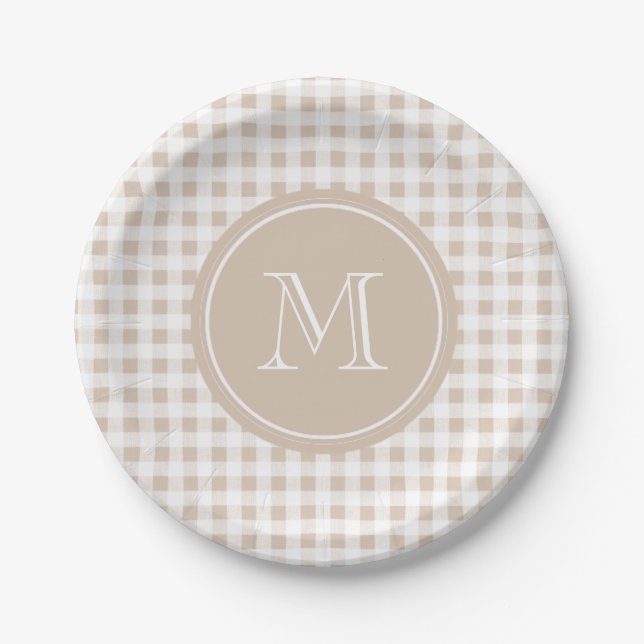 Assiettes En Carton Guingan beige et blanc, votre monogramme (Devant)