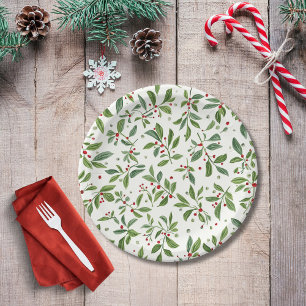 Assiettes En Carton Guirlande de gui rouge baie blanche aquarelle