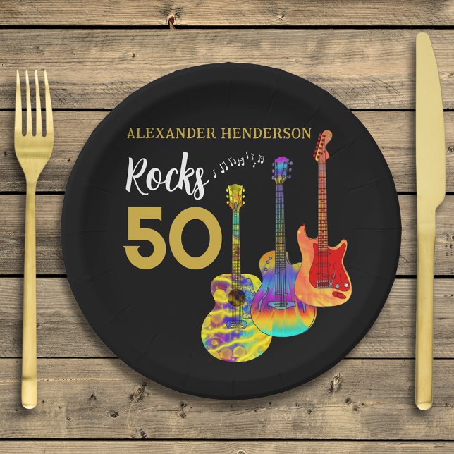 Assiettes En Carton Guitare 50ème anniversaire fête 50 rochers (Rock and roll 50th birthday party paper plate personalized for him funky guitar gold and black)