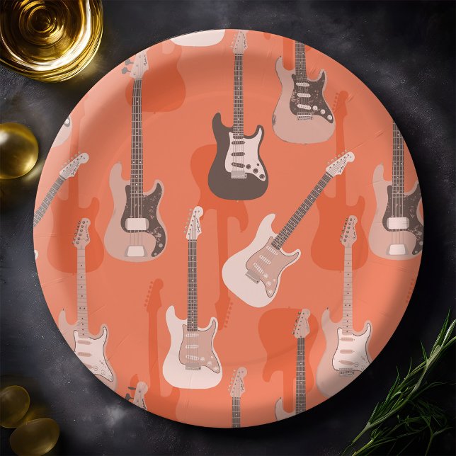 Assiettes En Carton Guitare et Motif de basse Retro Orange Electric (Rock guitar pattern paper plate in retro orange)
