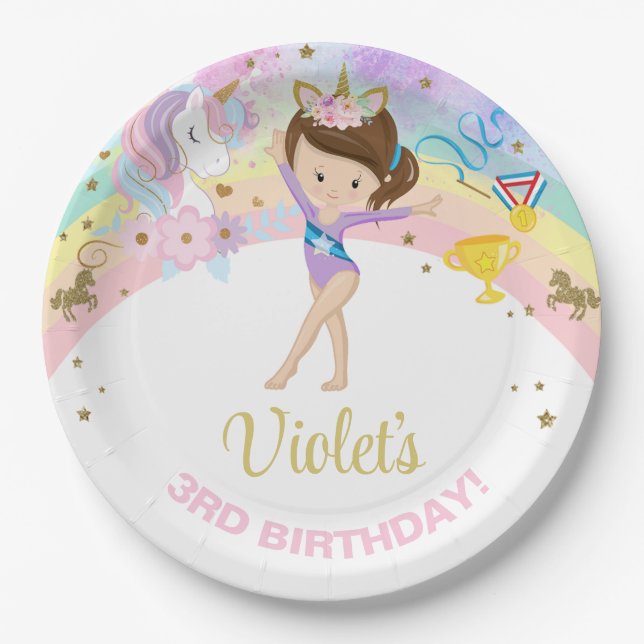 Assiettes En Carton Gymnastics girl & Unicorn birthday paper plates. (Devant)