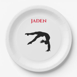 Assiettes En Carton Gymnastics paper plates with personalized name.