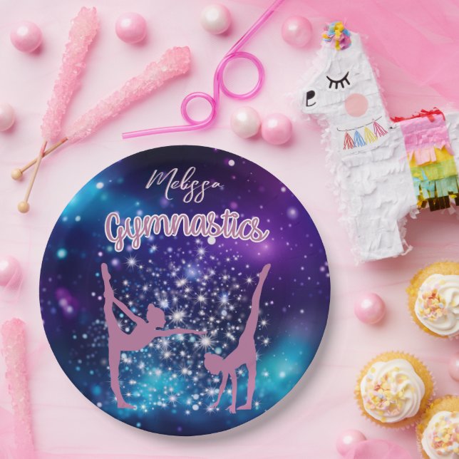 Assiettes En Carton Gymnastique Galaxie Purple Turquoise Personnalisé (Fête)