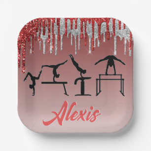 Assiettes En Carton Gymnastique rouge et argent Parties scintillant Om