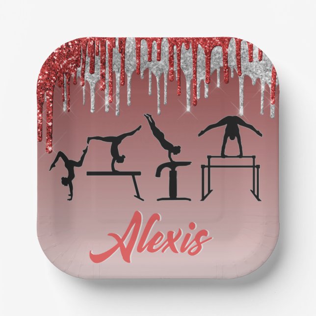 Assiettes En Carton Gymnastique rouge et argent Parties scintillant Om (Recto)