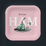 Assiettes En Carton "H pour JAMBON" | Conception de l'alphabet<br><div class="desc">Ce produit à la licence officielle Dr. Seuss présente un thème éducatif sur l'alphabet basé sur le livre classique "Les œufs verts au jambon". Le design comporte une illustration centrale du jambon vert iconique avec une fourchette sur un plat, accompagné d'œufs verts. De grandes lettres blanches épellent "JAMBON", accompagnées d'un...</div>