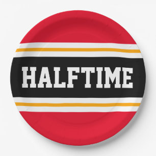 Assiettes En Carton HALFTIME rouge vif noir blanc rayures jaunes