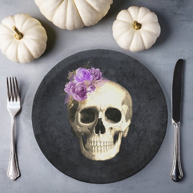Assiettes En Carton Halloween (gothic skull purple roses plate gothic Halloween theme)