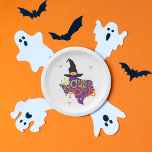 Assiettes En Carton Halloween<br><div class="desc">Il y a un petit hocus pocus sorcier au Texas cette année pour Halloween. Ce joli design présente la forme de l'état en portant un casquette sorcier aux couleurs violet, orange et vert citron. Parfait pour les sacs de ruse ou de gâterie et décoration de vacances. Produits correspondants disponibles. Ajoutez...</div>