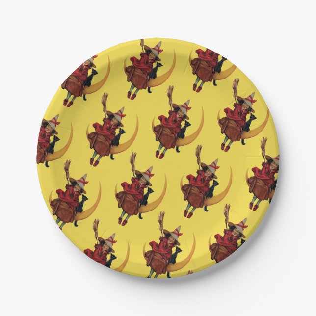 Assiettes En Carton Halloween à l'ancienne, sorcière avec chat noir (Devant)