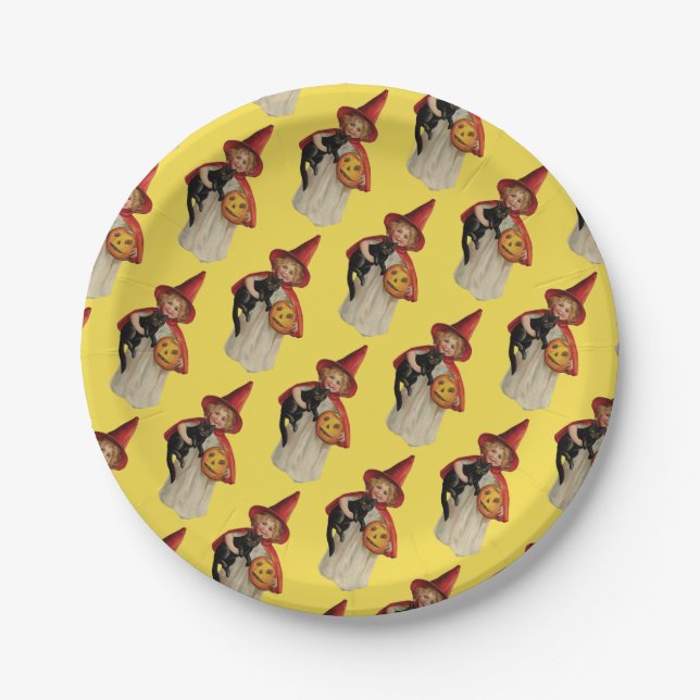 Assiettes En Carton Halloween à l'ancienne, sorcière fille avec chat n (Devant)