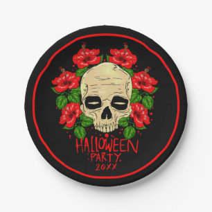 Assiettes En Carton Halloween Année 20xx Crâne rouge Hibiscus noir 7"