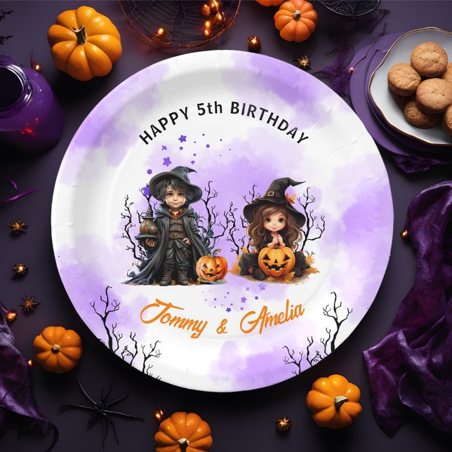 Assiettes En Carton Halloween Anniversaire Jumeaux Plaques papier (Halloween Birthday Twins Paper Plates)