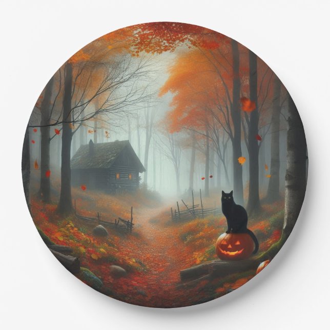 Assiettes En Carton Halloween/Automne/Automne/citrouille/chat (Devant)