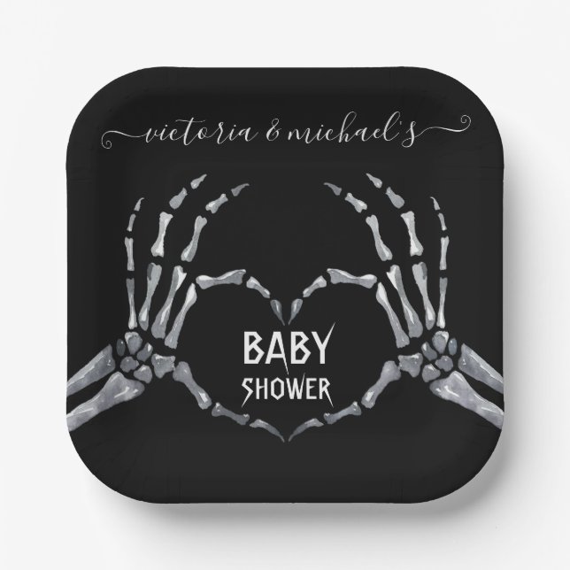 Assiettes En Carton Halloween Baby shower Squelette Mains Coeur (Recto)