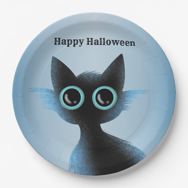Assiettes En Carton Halloween Big Eyes Black Blue Evil Chat (Devant)
