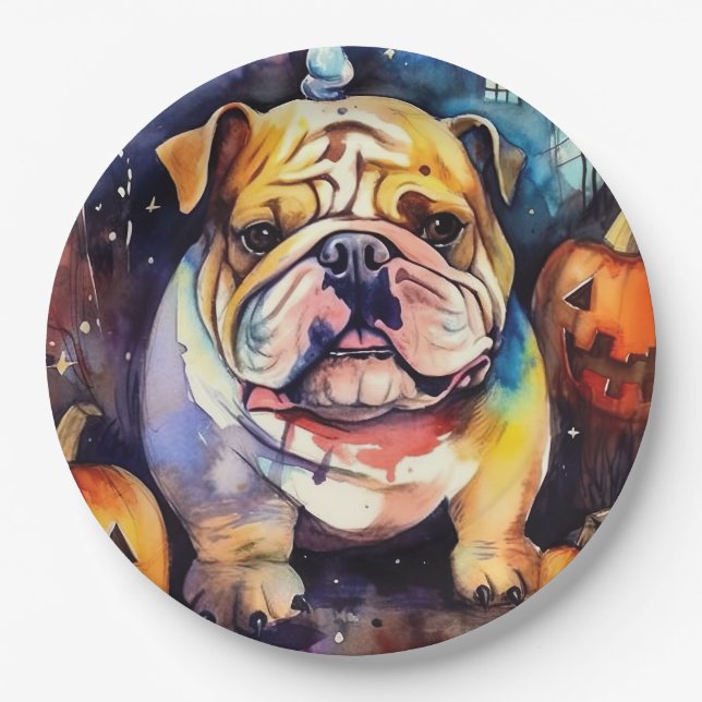 Assiettes En Carton Halloween Bulldog avec la peur Citrouille (Devant)