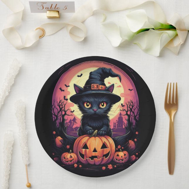 Assiettes En Carton Halloween CAT noir avec Citrouille et CASQUETTE de (Mariage)