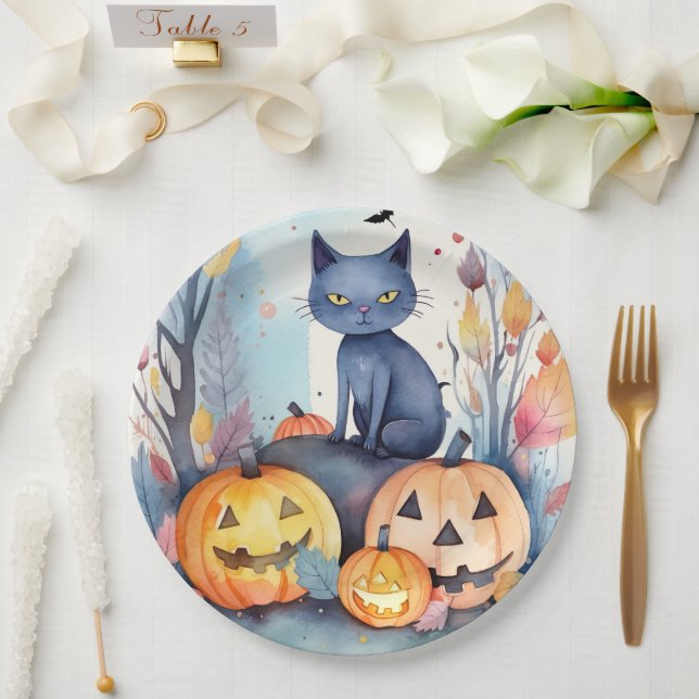 Assiettes En Carton Halloween Chat Bleu Oriental Avec Peur Citrouille (Mariage)