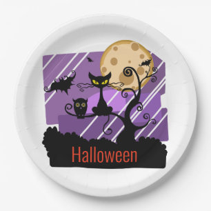 Assiettes En Carton Halloween Chat, chauve-souris, hibou, lune et arbr