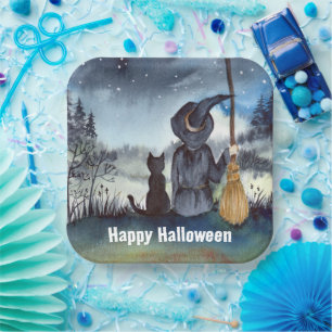 Assiettes En Carton Halloween Chat noir et la Sorcière étoile nuit