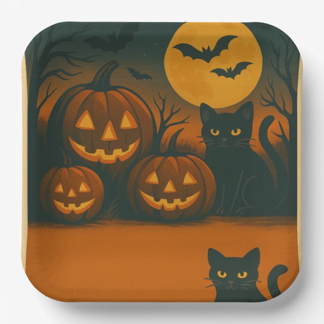 Assiettes En Carton Halloween Chat noir & Plaques Citrouilles - (Recto)