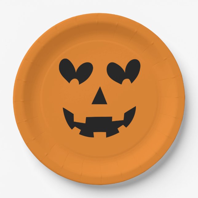 Assiettes En Carton Halloween Citrouille de coeur heureux orange et no (Devant)