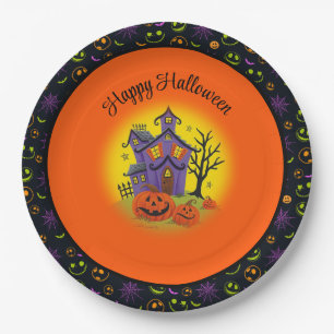 Assiettes En Carton Halloween Citrouille Haunted House Fun Texte perso