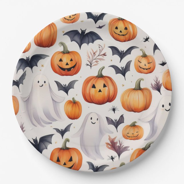 Assiettes En Carton Halloween Cute Ghost Citrouille Party Plaque (Devant)