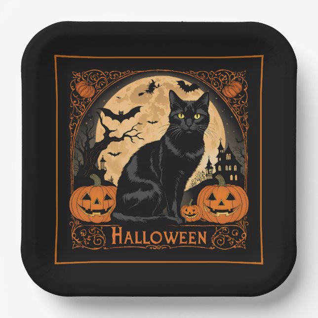 Assiettes En Carton Halloween de chat de Kitty noir (Recto)