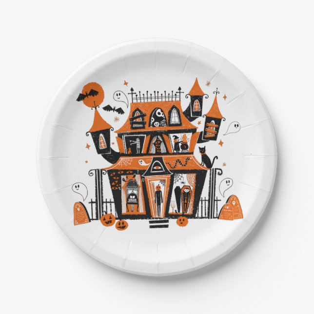 Assiettes En Carton Halloween de la maison hantée (Devant)