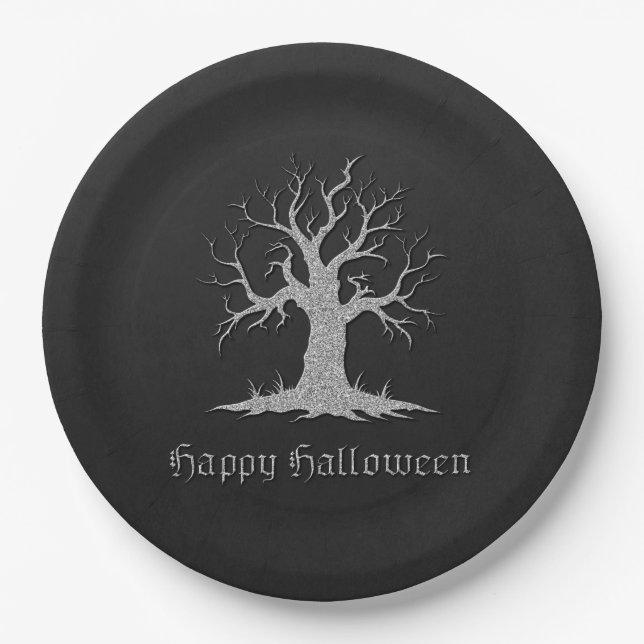 Assiettes En Carton Halloween de l'arbre Éffrayant argenté (Devant)