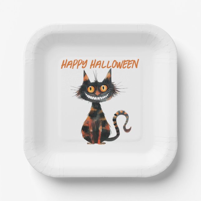 Assiettes En Carton Halloween déplaisant de chat noir et orange (Recto)