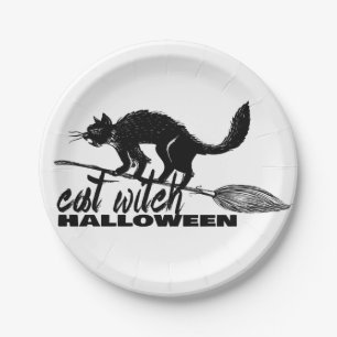 Assiettes En Carton Halloween Drôle Chat Sorcière Sur Broomstick