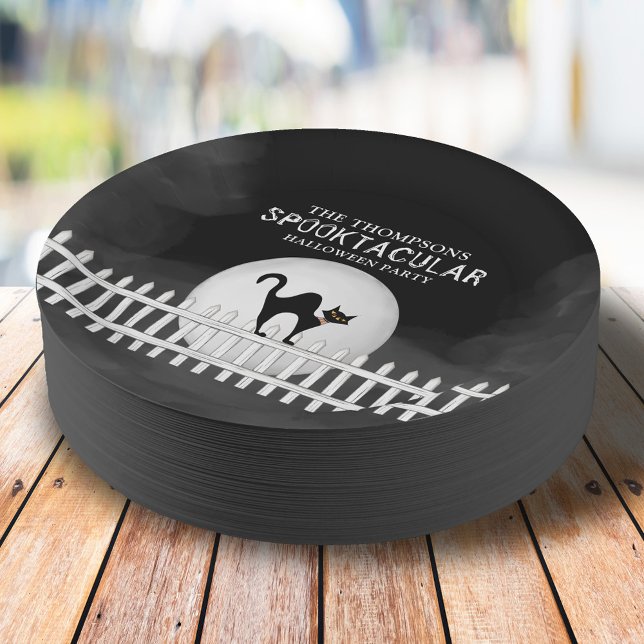 Assiettes En Carton Halloween Éffrayant Chat Noir Spooktacular Party (Halloween Spooktacular whimsical black cat on a picket fence paper plate. )