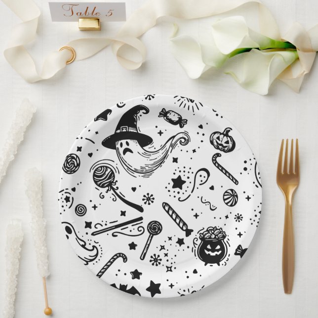 Assiettes En Carton Halloween Éffrayant Noir et Blanc Art Anniversaire (Mariage)