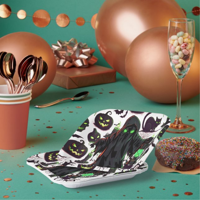 Assiettes En Carton Halloween fantôme noir (Multi)