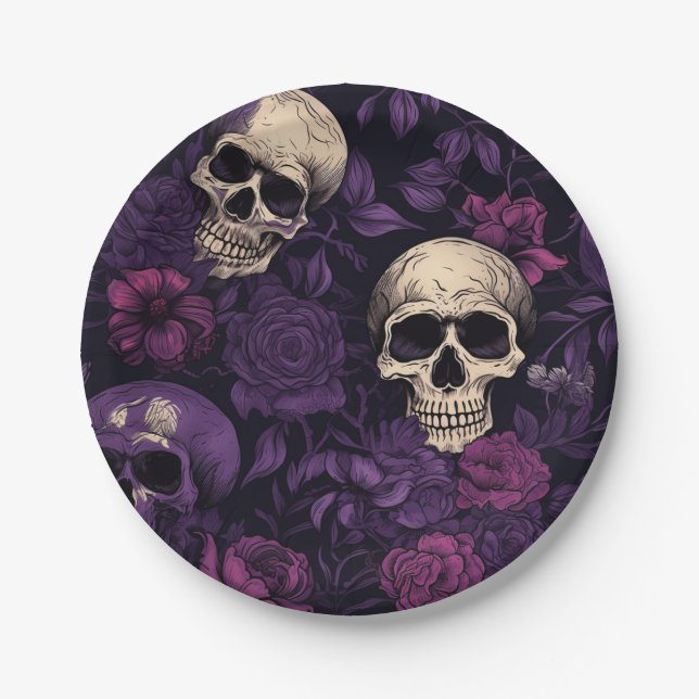 Assiettes En Carton Halloween gothique floral violet (Devant)