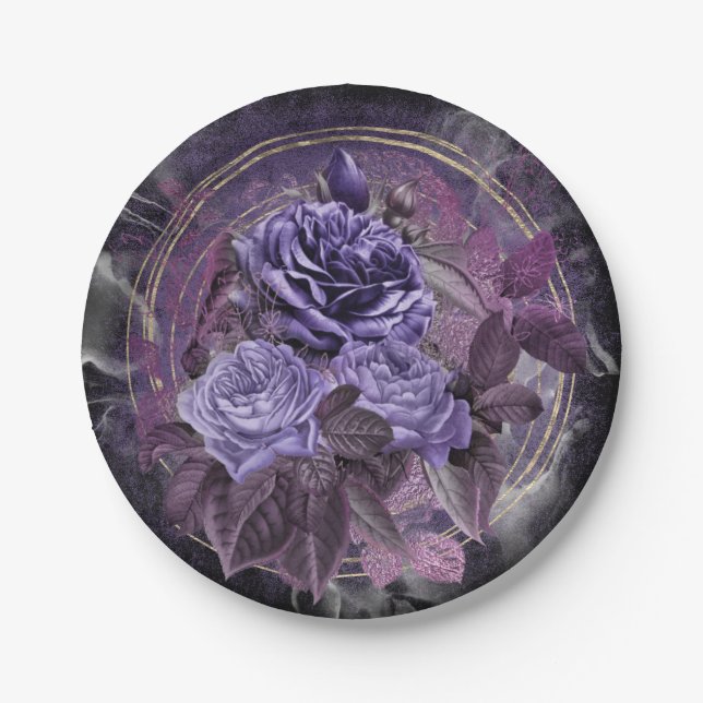 Assiettes En Carton Halloween gothique violet Roses (Devant)
